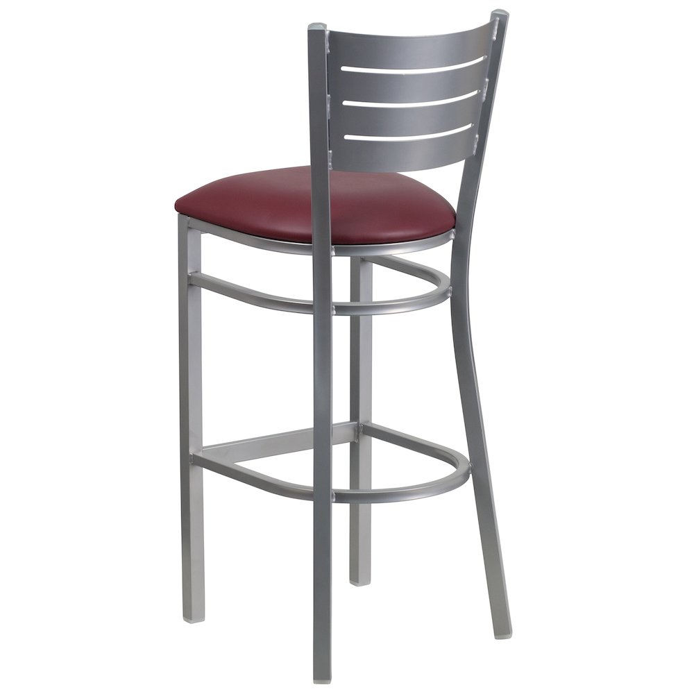 Silver Slat Back Metal Restaurant Barstool – Burgundy Vinyl Seat