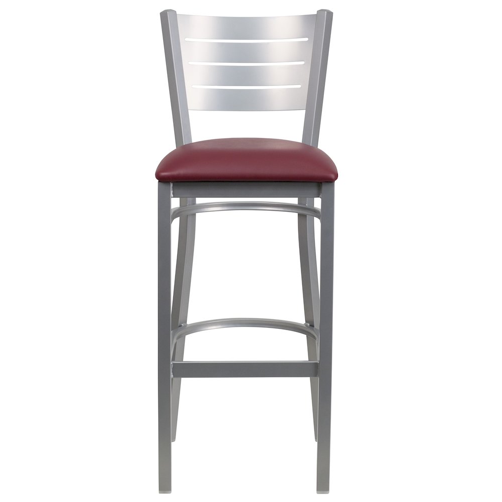 Silver Slat Back Metal Restaurant Barstool – Burgundy Vinyl Seat