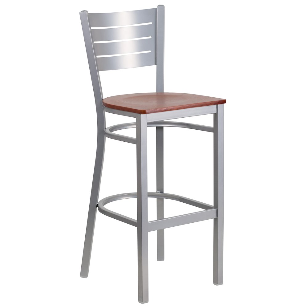 Silver Slat Back Metal Restaurant Barstool – Cherry Wood Seat