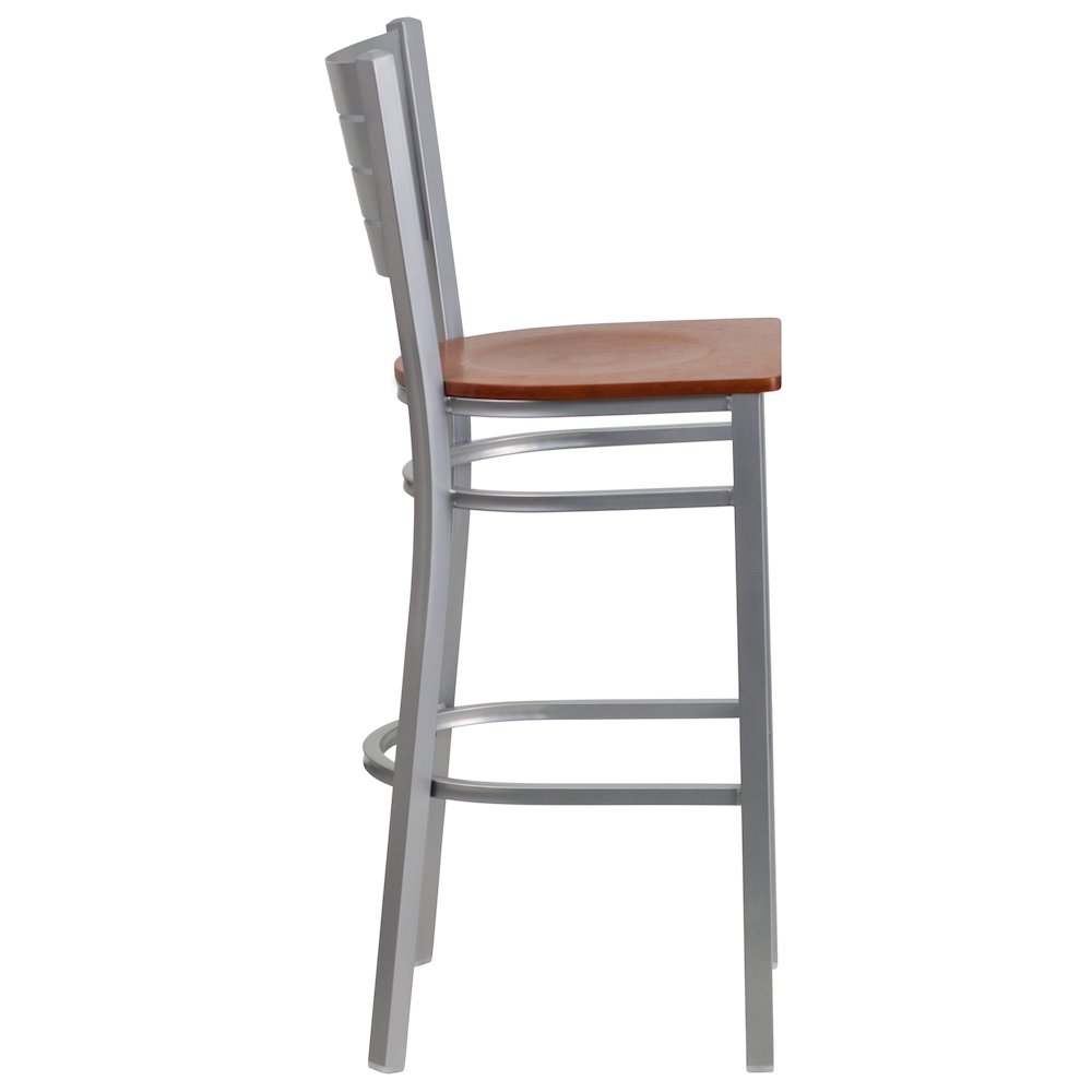 Silver Slat Back Metal Restaurant Barstool – Cherry Wood Seat
