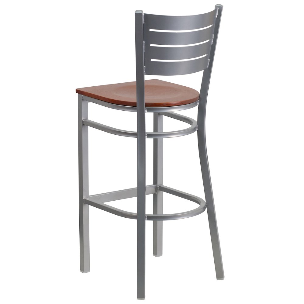 Silver Slat Back Metal Restaurant Barstool – Cherry Wood Seat