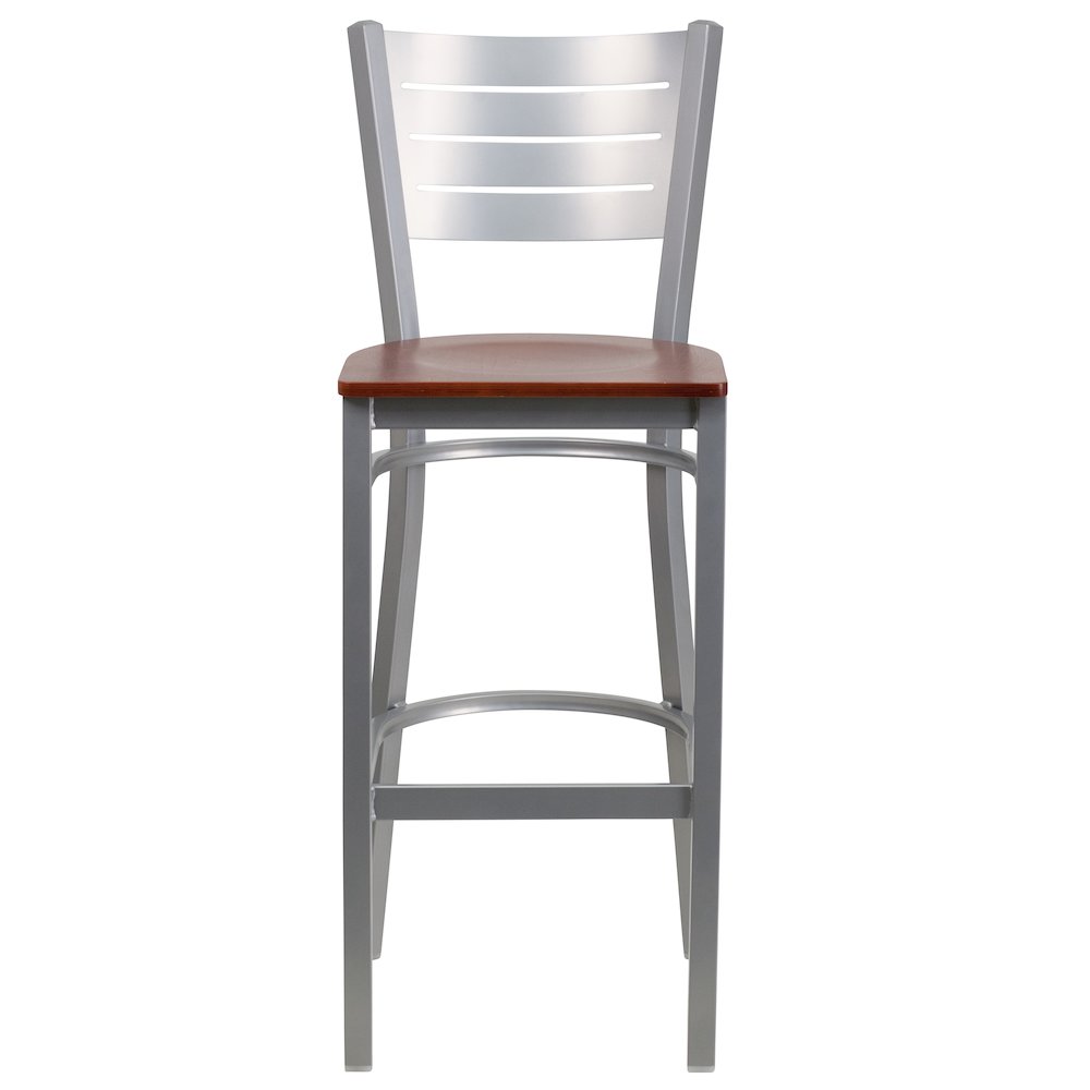 Silver Slat Back Metal Restaurant Barstool – Cherry Wood Seat