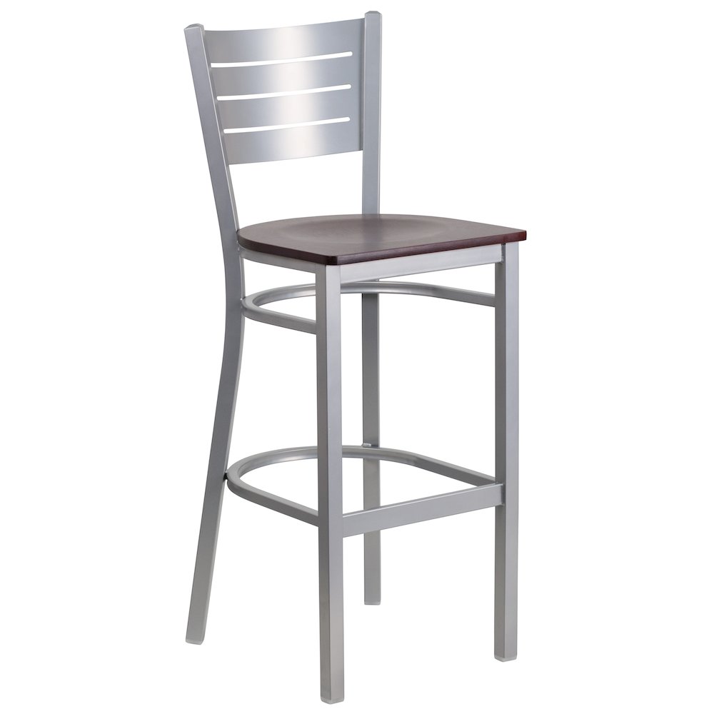 Silver Slat Back Metal Restaurant Barstool – Mahogany Wood Seat