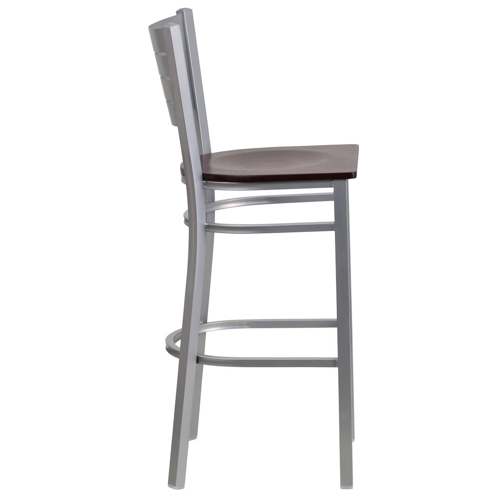 Silver Slat Back Metal Restaurant Barstool – Mahogany Wood Seat
