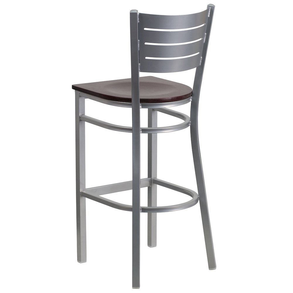 Silver Slat Back Metal Restaurant Barstool – Mahogany Wood Seat