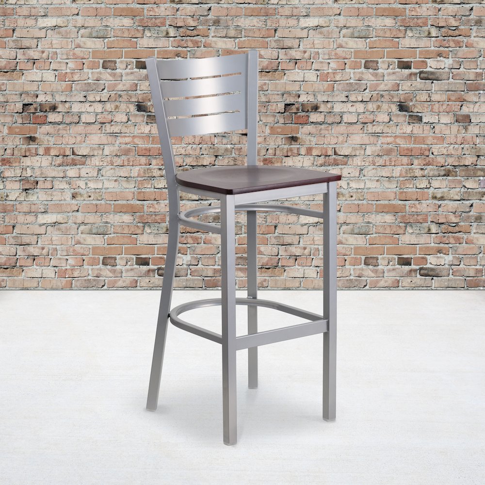 Silver Slat Back Metal Restaurant Barstool – Mahogany Wood Seat