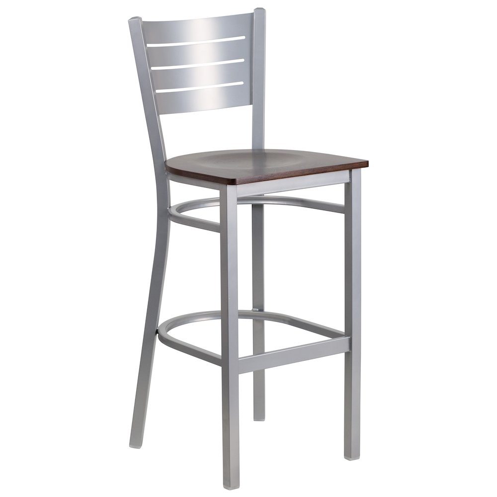 Silver Slat Back Metal Restaurant Barstool – Walnut Wood Seat
