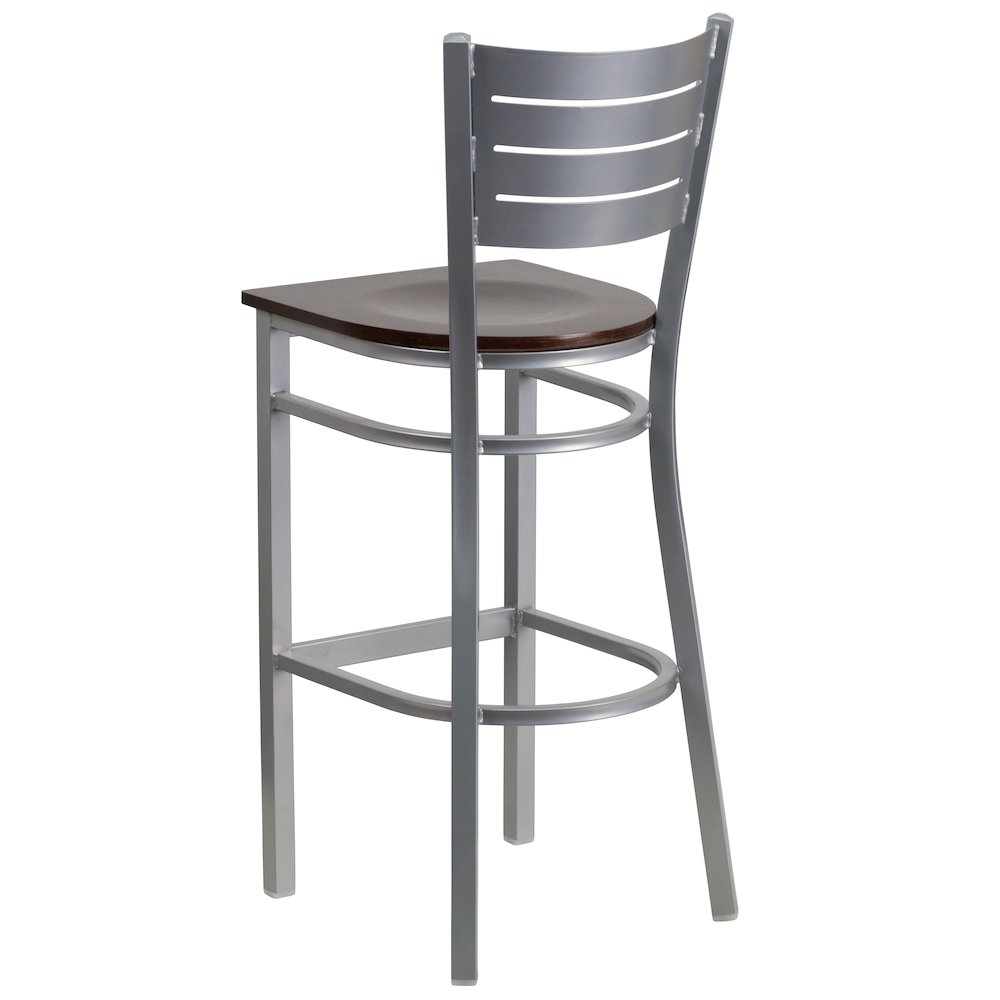 Silver Slat Back Metal Restaurant Barstool – Walnut Wood Seat