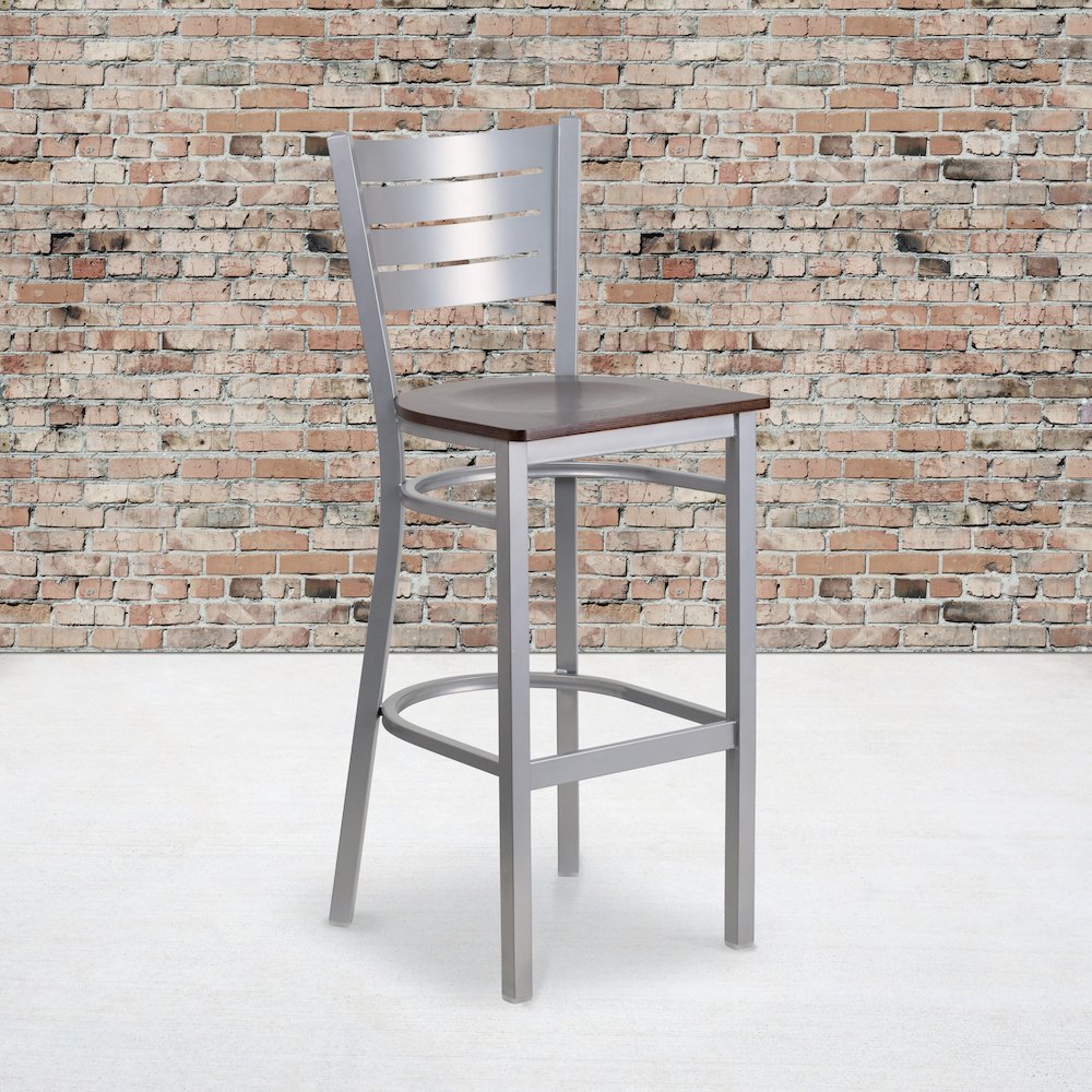 Silver Slat Back Metal Restaurant Barstool – Walnut Wood Seat