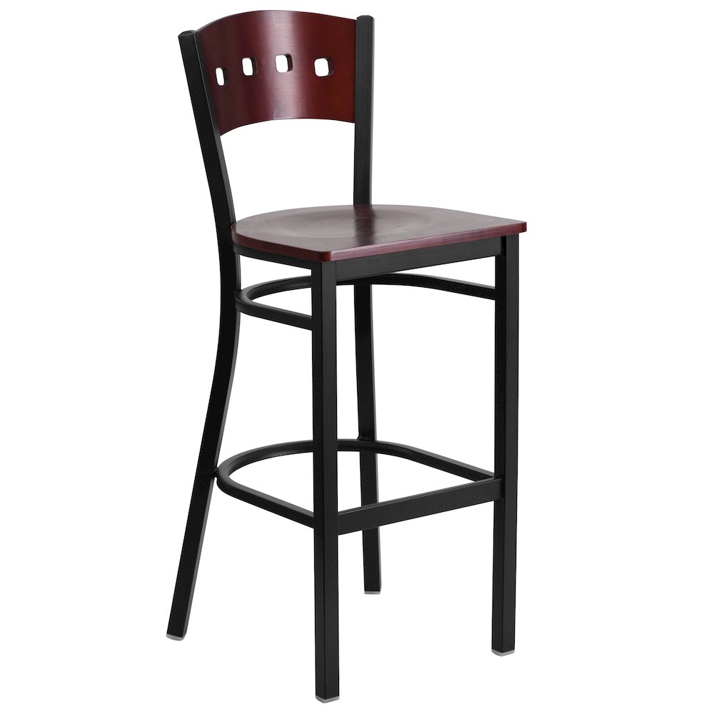 Black 4 Square Back Metal Restaurant Barstool – Mahogany Wood Back & Seat