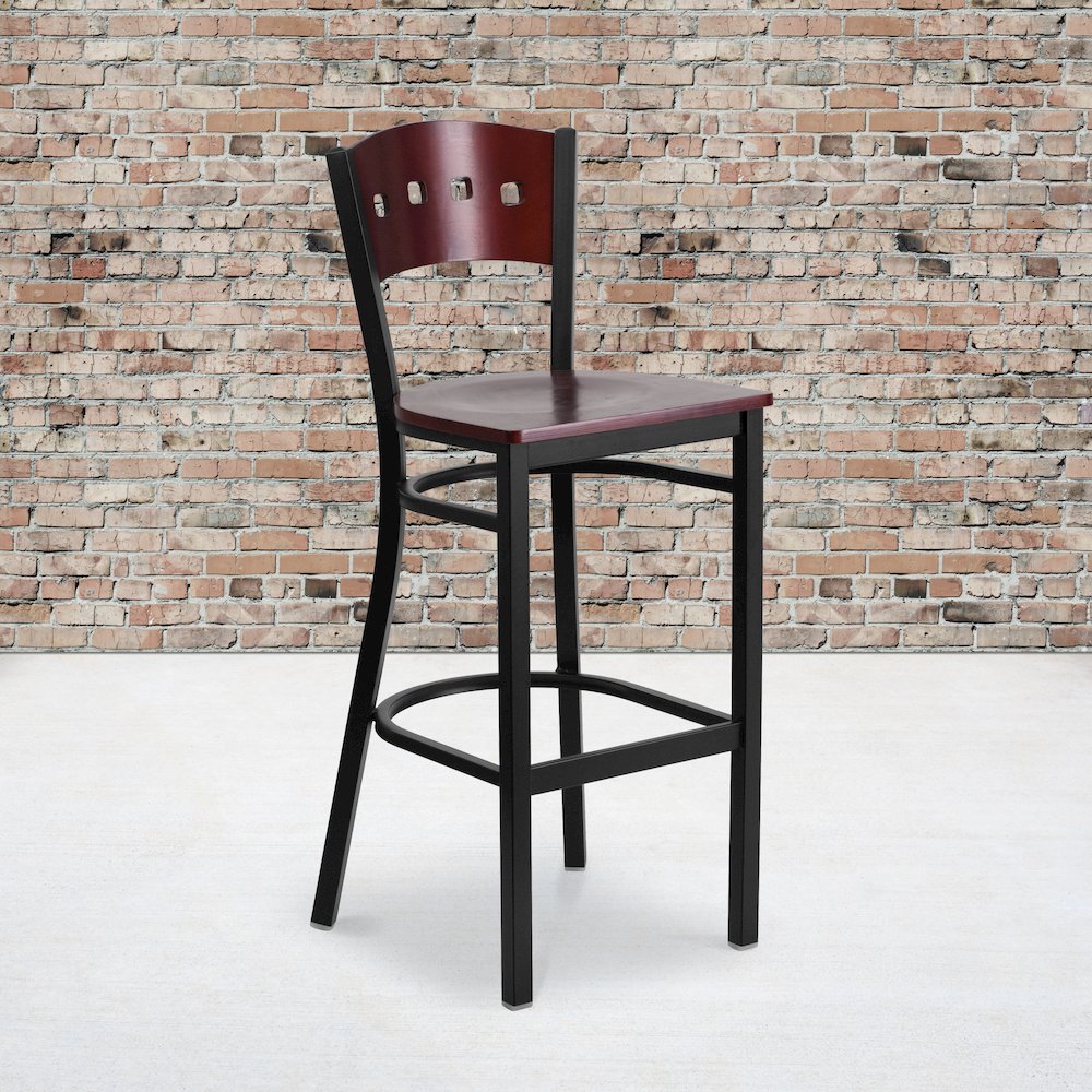 Black 4 Square Back Metal Restaurant Barstool – Mahogany Wood Back & Seat