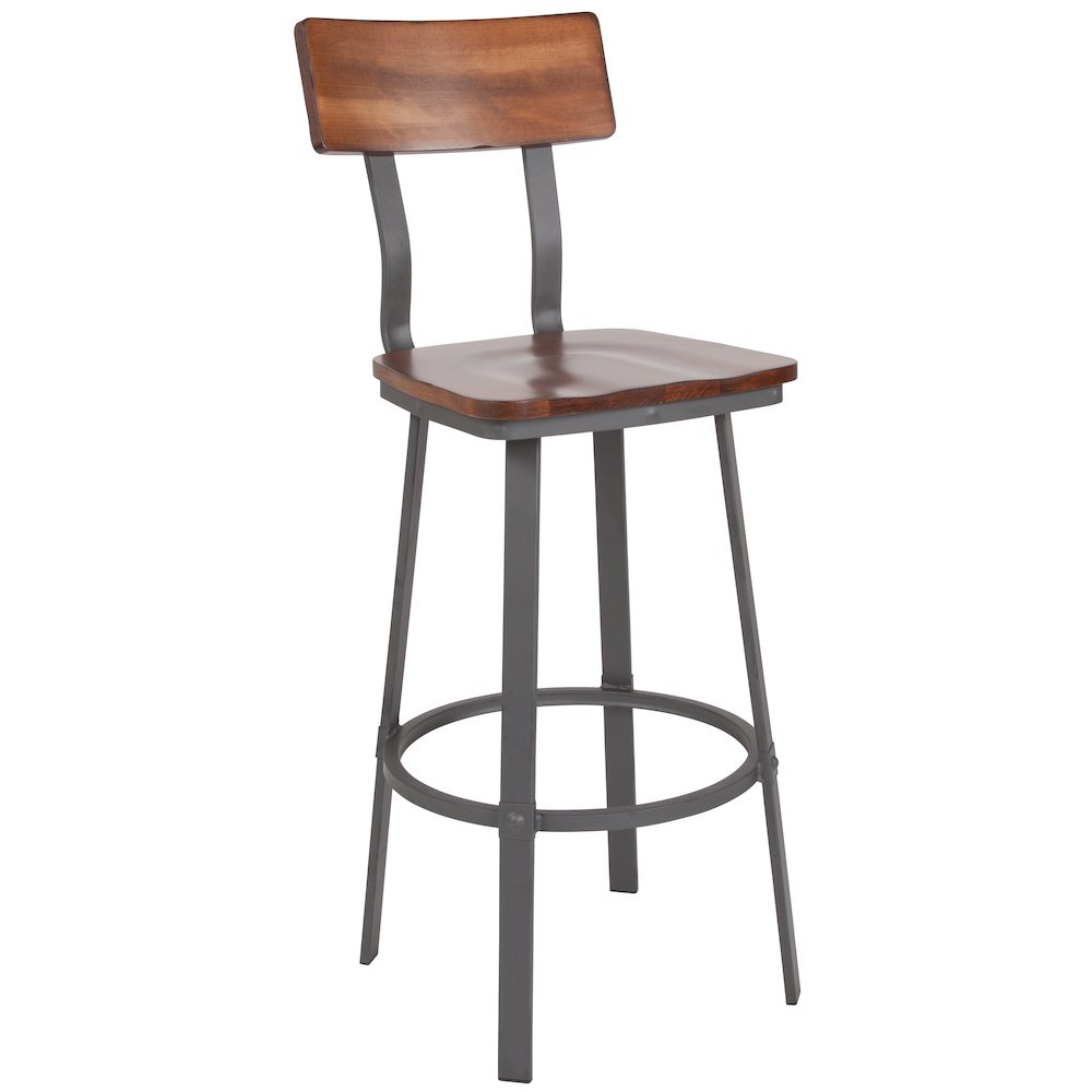 Rustic Walnut Restaurant Barstool & Back and Gray Powder Coat Frame