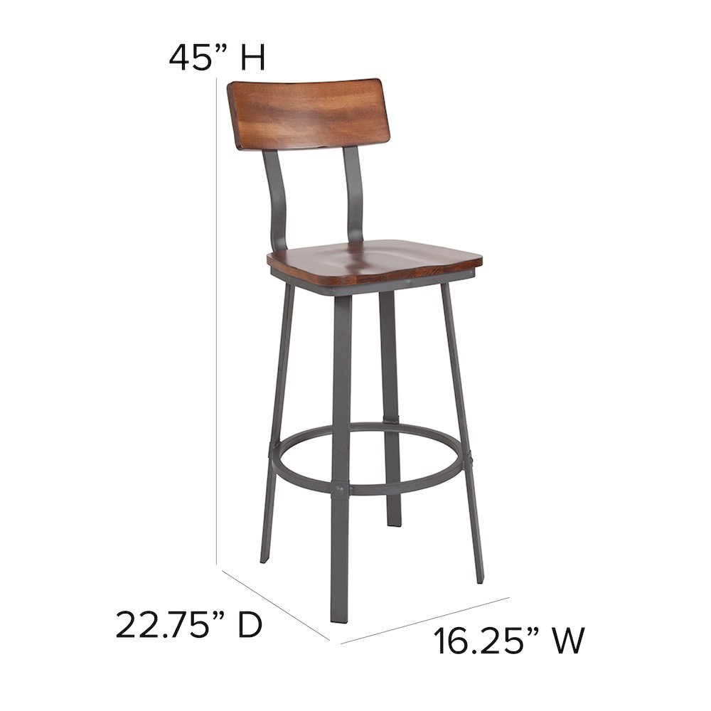Rustic Walnut Restaurant Barstool & Back and Gray Powder Coat Frame