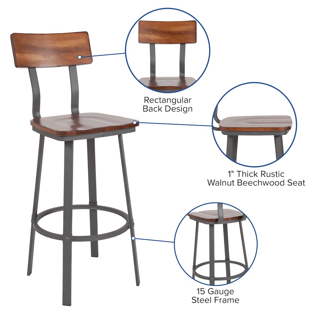 Rustic Walnut Restaurant Barstool & Back and Gray Powder Coat Frame
