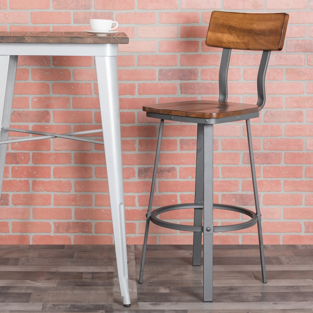 Rustic Walnut Restaurant Barstool & Back and Gray Powder Coat Frame