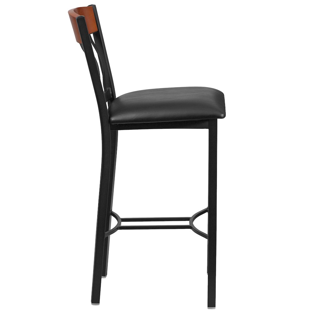 Vertical Back Black Metal and Cherry Wood Restaurant Barstool