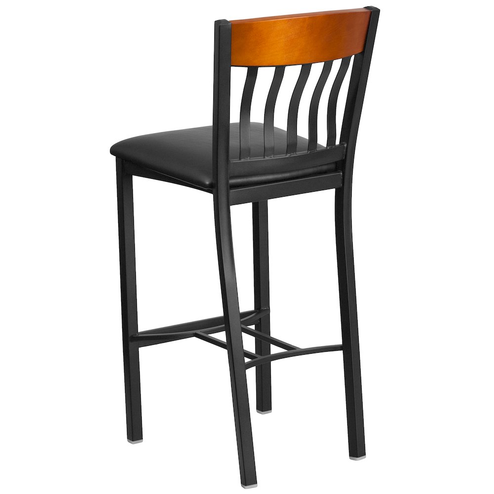 Vertical Back Black Metal and Cherry Wood Restaurant Barstool