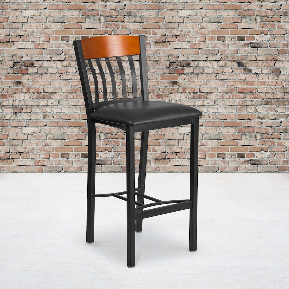 Vertical Back Black Metal and Cherry Wood Restaurant Barstool