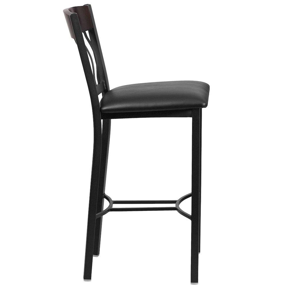 Vertical Back Black Metal and Walnut Wood Restaurant Barstool