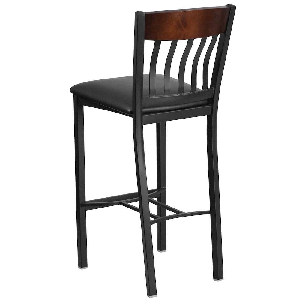 Vertical Back Black Metal and Walnut Wood Restaurant Barstool