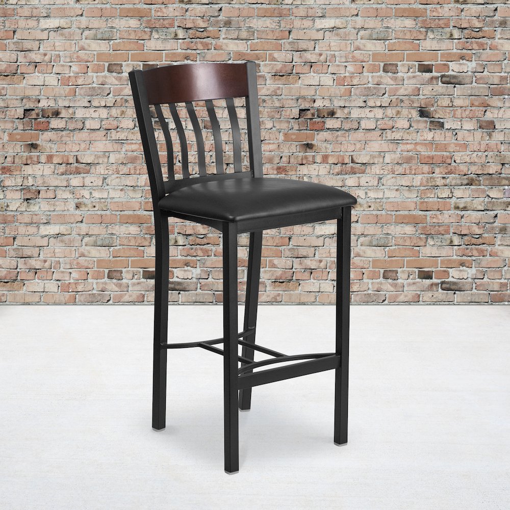 Vertical Back Black Metal and Walnut Wood Restaurant Barstool