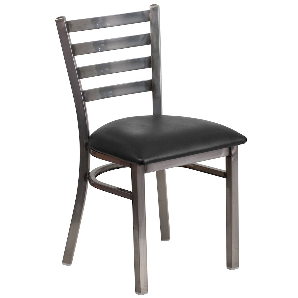 Clear Coated Ladder Back Metal Restaurant Chair – Black Vinyl Seat