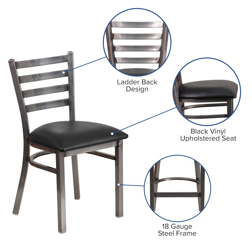 Clear Coated Ladder Back Metal Restaurant Chair – Black Vinyl Seat