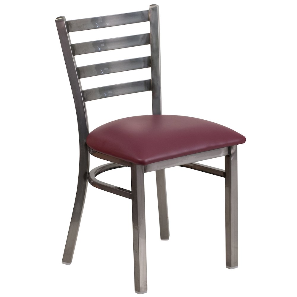 Clear Coated Ladder Back Metal Restaurant Chair – Burgundy Vinyl Seat