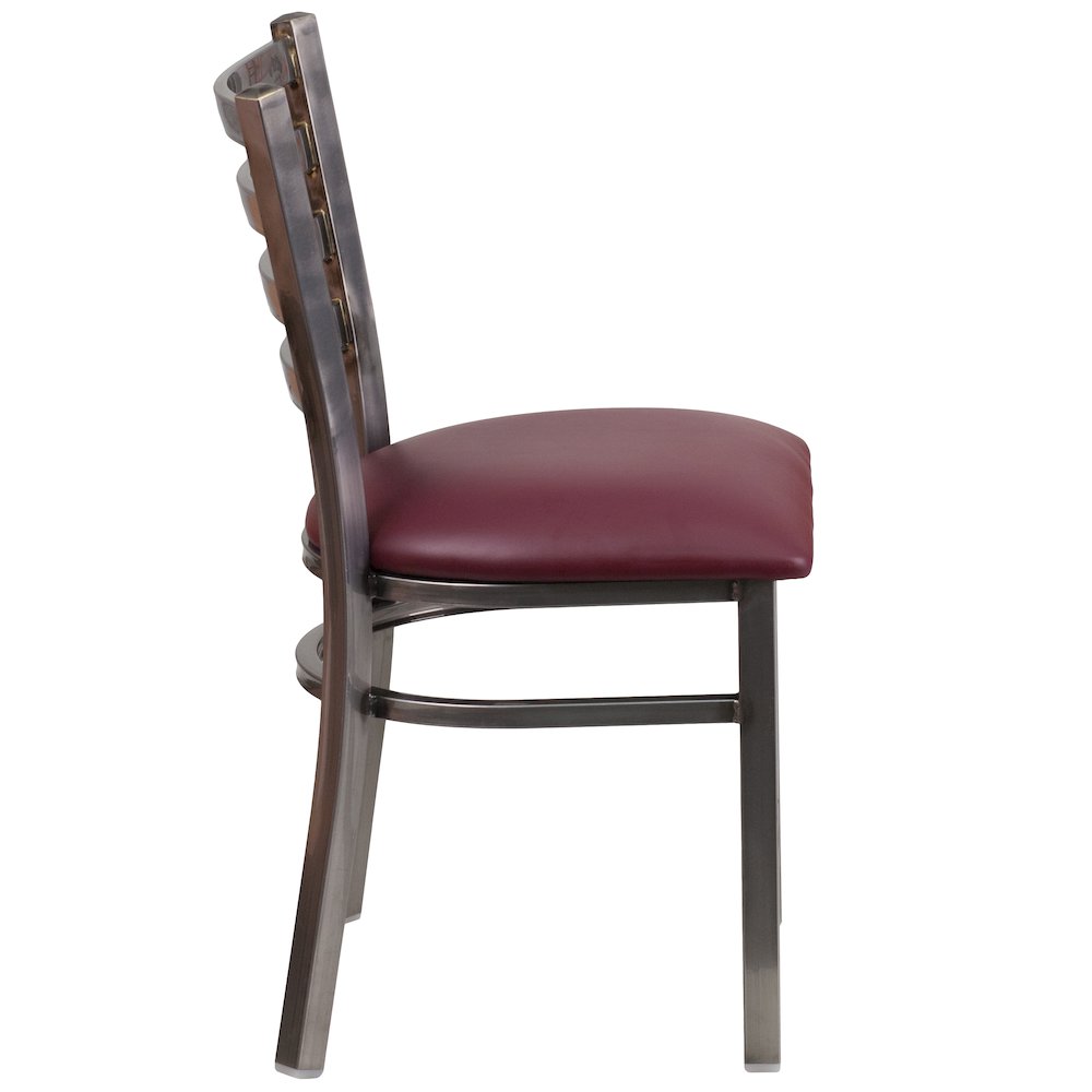 Clear Coated Ladder Back Metal Restaurant Chair – Burgundy Vinyl Seat