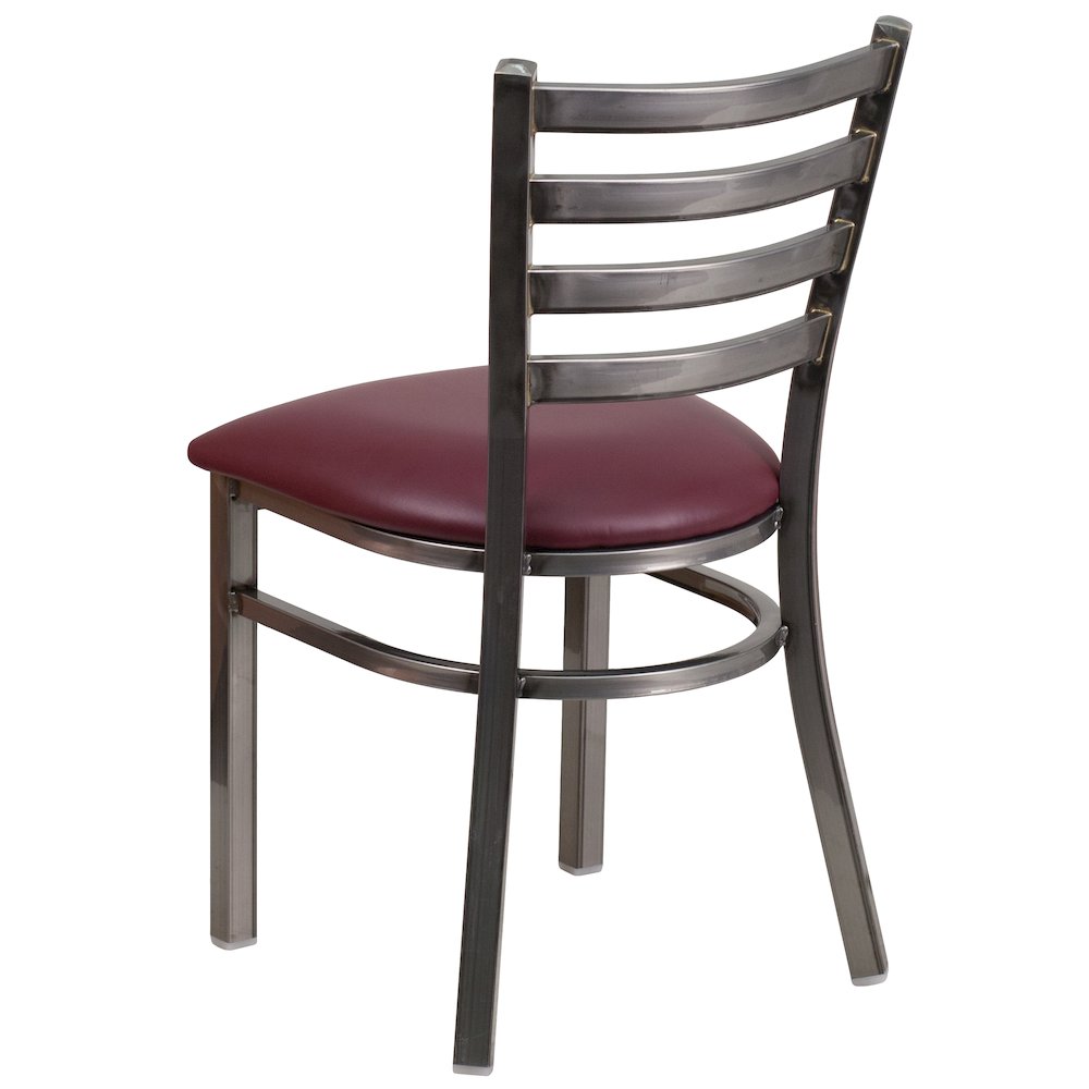 Clear Coated Ladder Back Metal Restaurant Chair – Burgundy Vinyl Seat