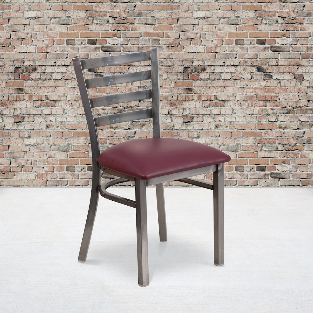 Clear Coated Ladder Back Metal Restaurant Chair – Burgundy Vinyl Seat
