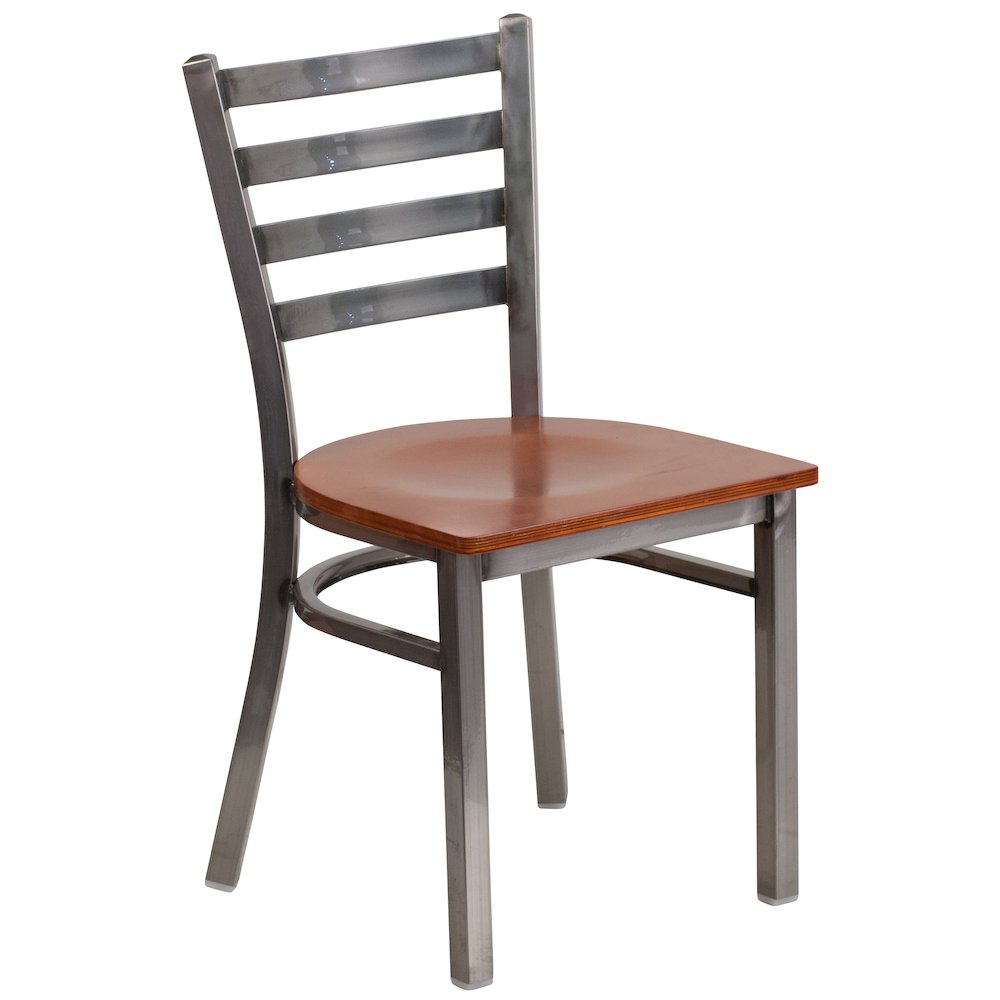 Clear Coated Ladder Back Metal Restaurant Chair – Cherry Wood Seat
