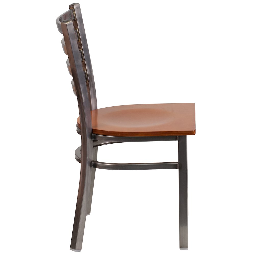 Clear Coated Ladder Back Metal Restaurant Chair – Cherry Wood Seat