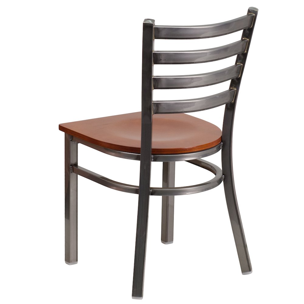 Clear Coated Ladder Back Metal Restaurant Chair – Cherry Wood Seat