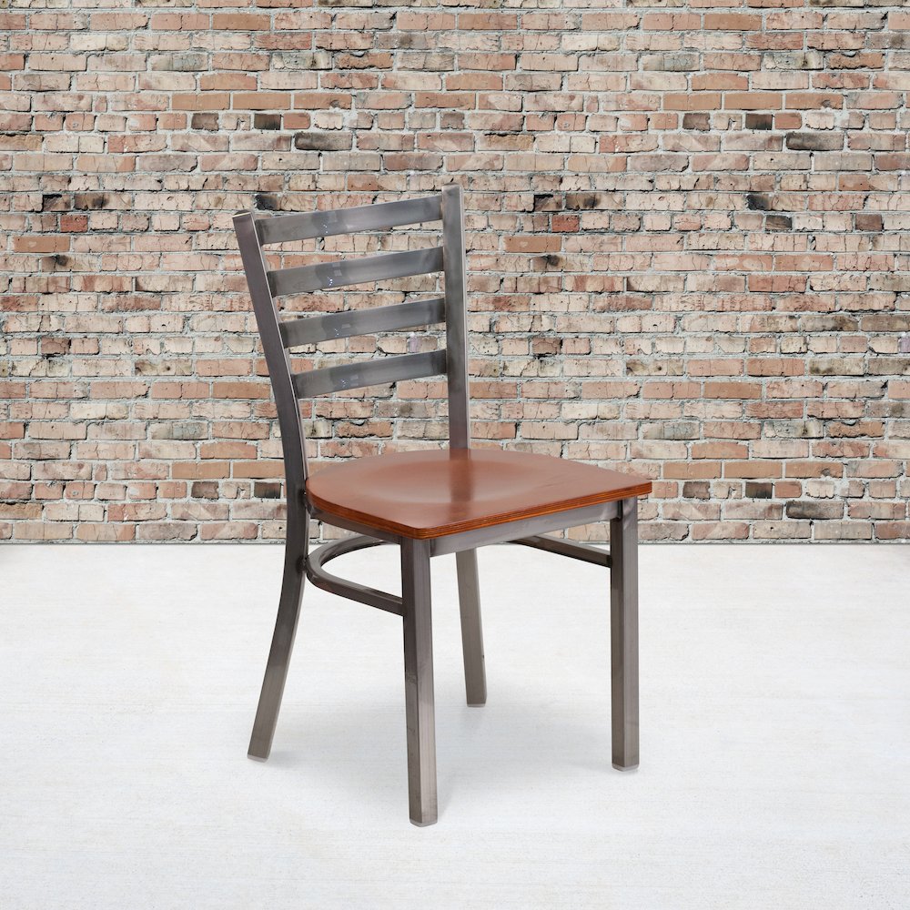 Clear Coated Ladder Back Metal Restaurant Chair – Cherry Wood Seat