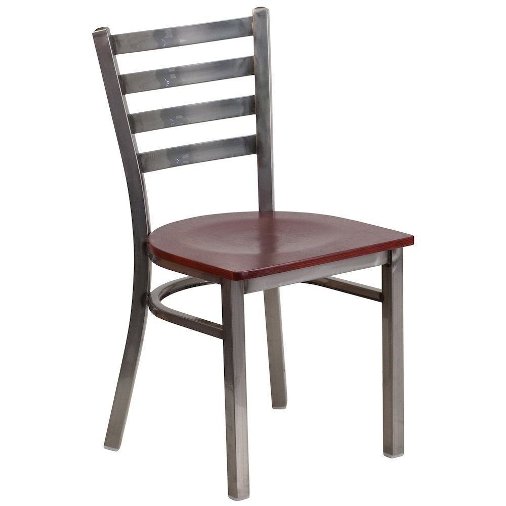 Clear Coated Ladder Back Metal Restaurant Chair – Mahogany Wood Seat