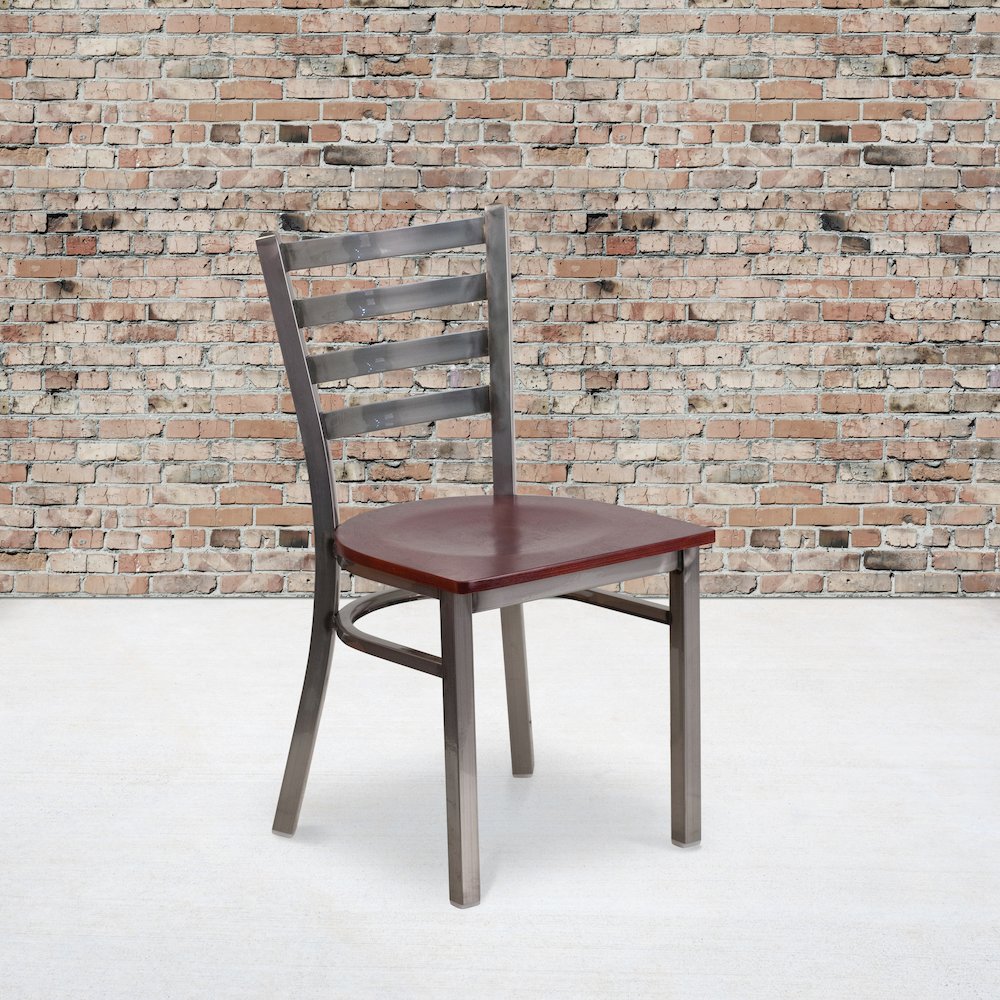 Clear Coated Ladder Back Metal Restaurant Chair – Mahogany Wood Seat