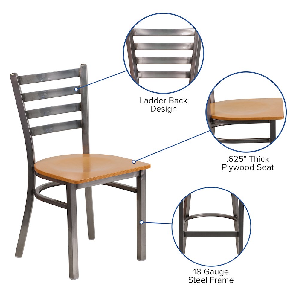 Clear Coated Ladder Back Metal Restaurant Chair – Natural Wood Seat
