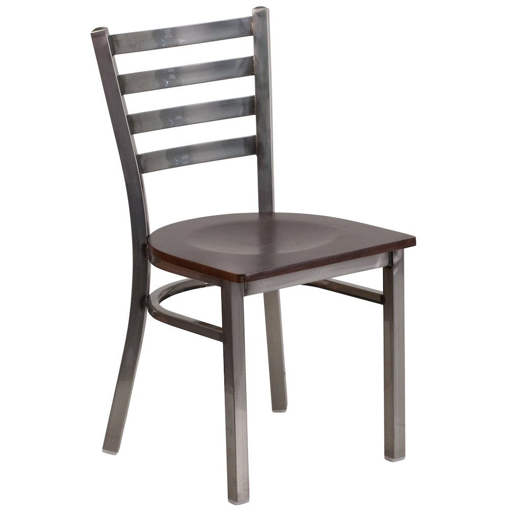 Clear Coated Ladder Back Metal Restaurant Chair – Walnut Wood Seat