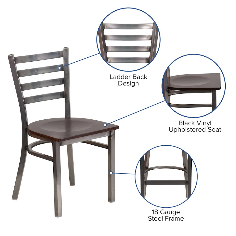 Clear Coated Ladder Back Metal Restaurant Chair – Walnut Wood Seat