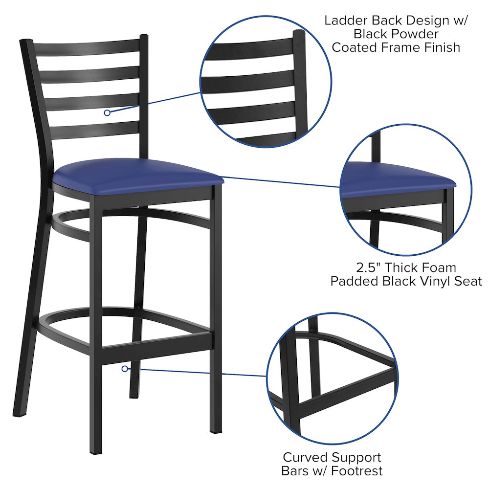 HERCULES Black Ladder Back Metal Restaurant Barstool – Blue Vinyl Seat