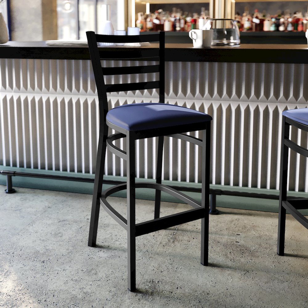 HERCULES Black Ladder Back Metal Restaurant Barstool – Blue Vinyl Seat