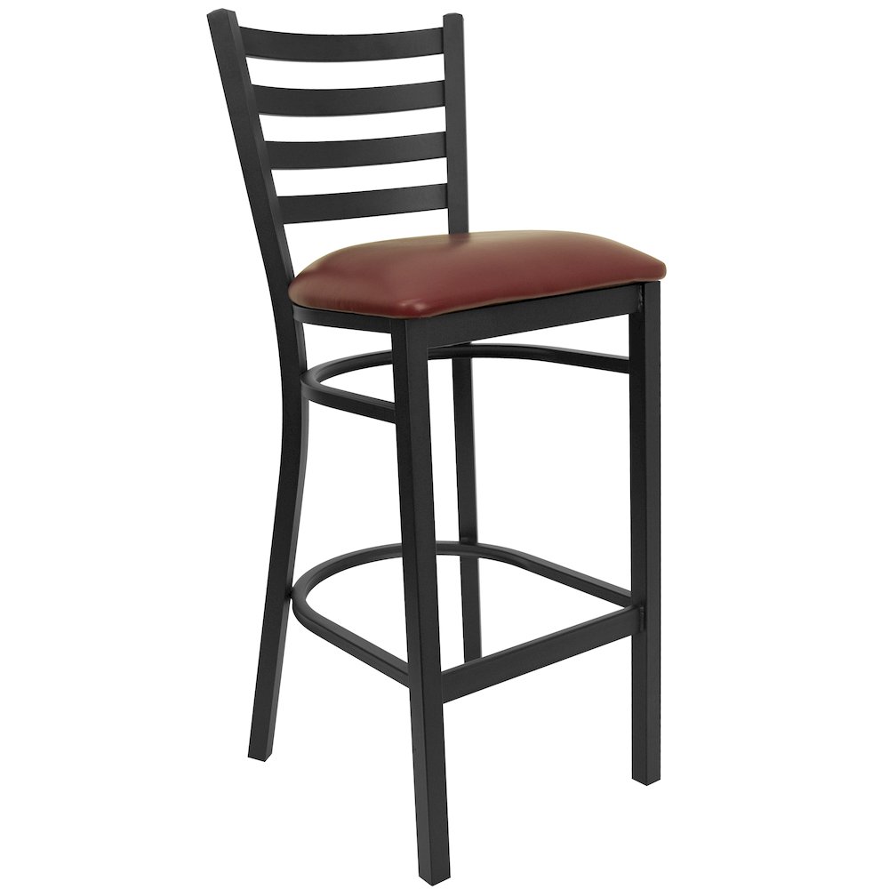 Black Ladder Back Metal Restaurant Barstool – Burgundy Vinyl Seat