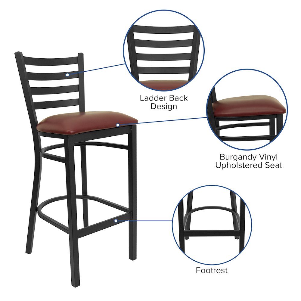 Black Ladder Back Metal Restaurant Barstool – Burgundy Vinyl Seat
