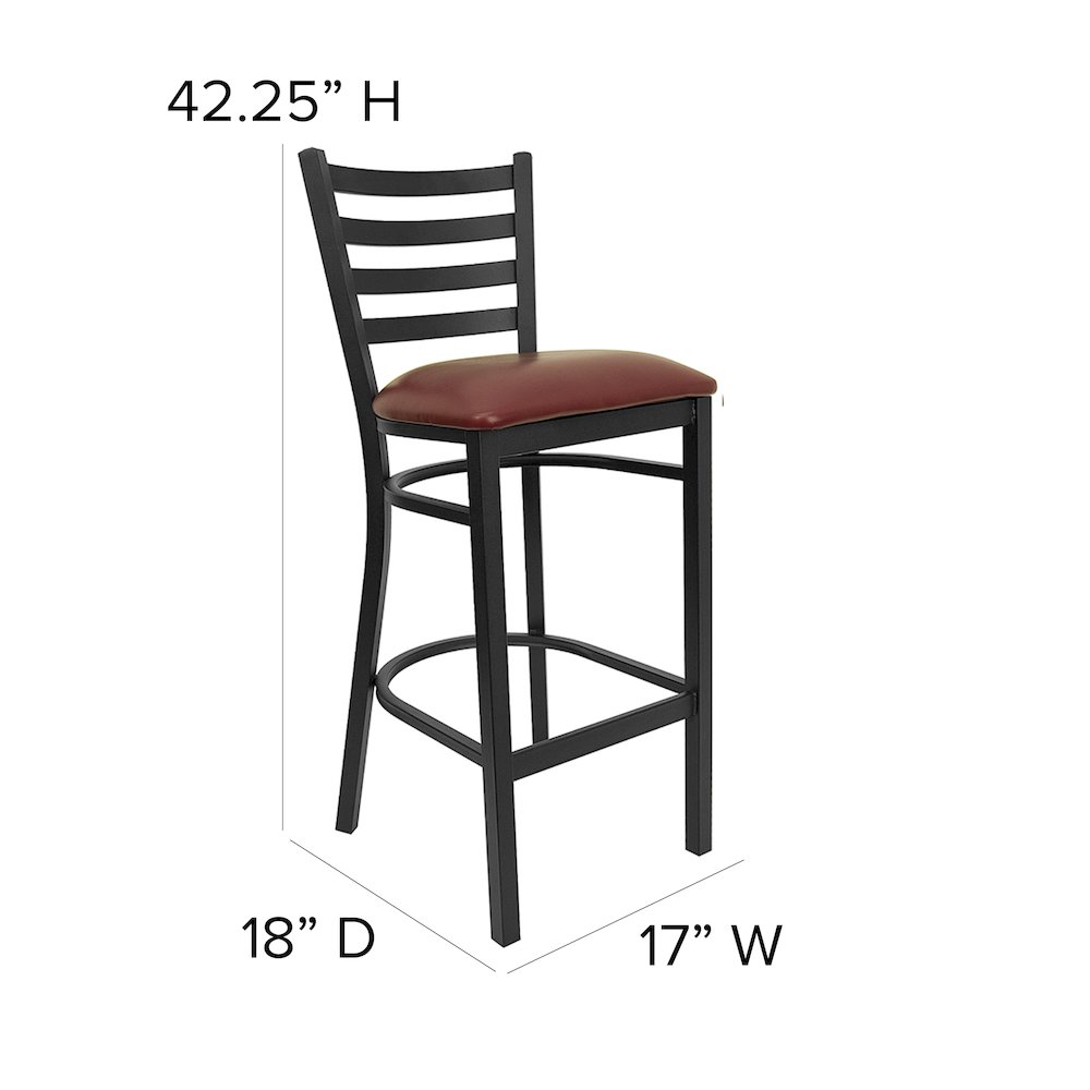 Black Ladder Back Metal Restaurant Barstool – Burgundy Vinyl Seat