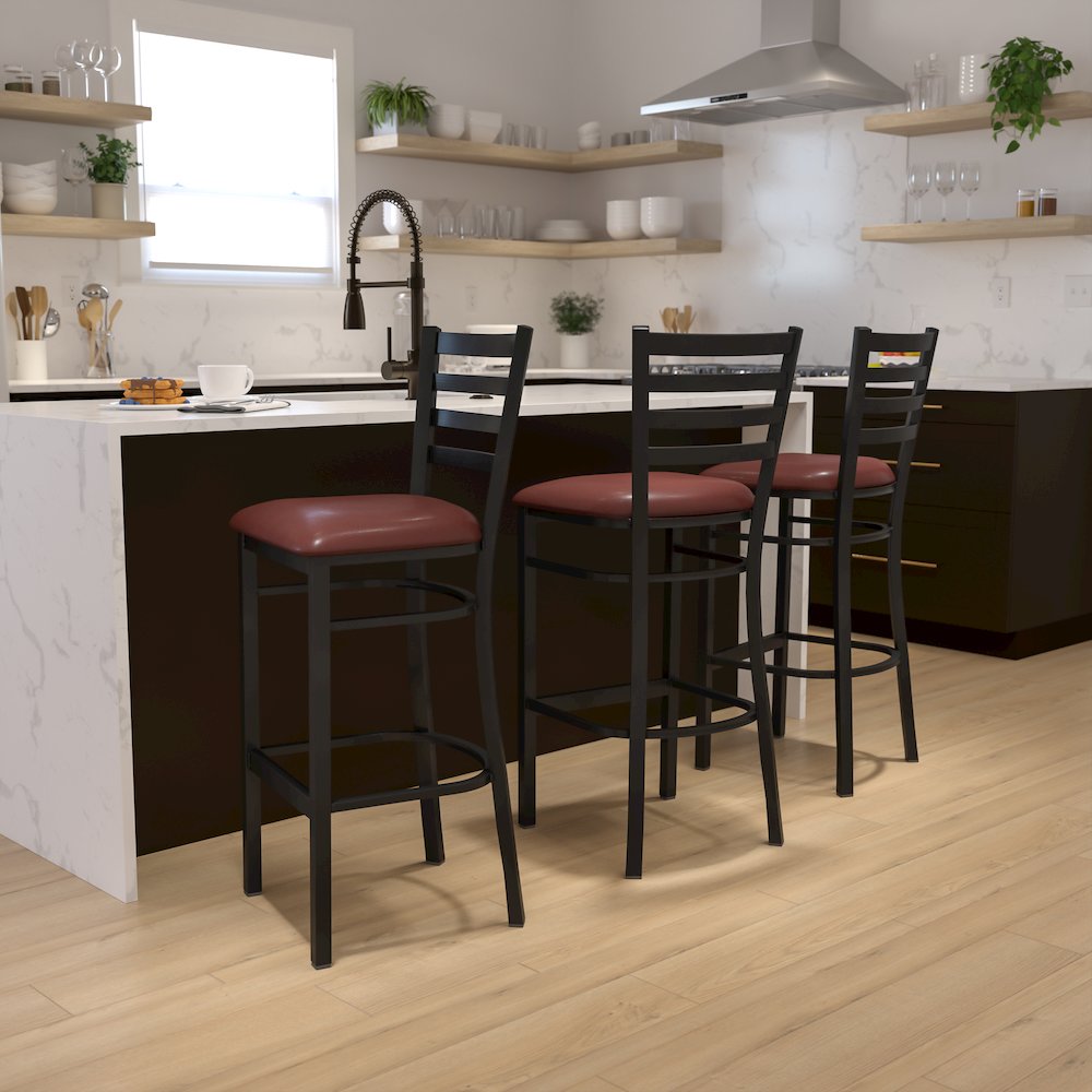 Black Ladder Back Metal Restaurant Barstool – Burgundy Vinyl Seat