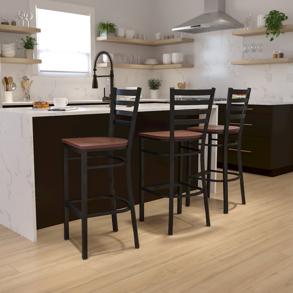 Black Ladder Back Metal Restaurant Barstool – Cherry Wood Seat
