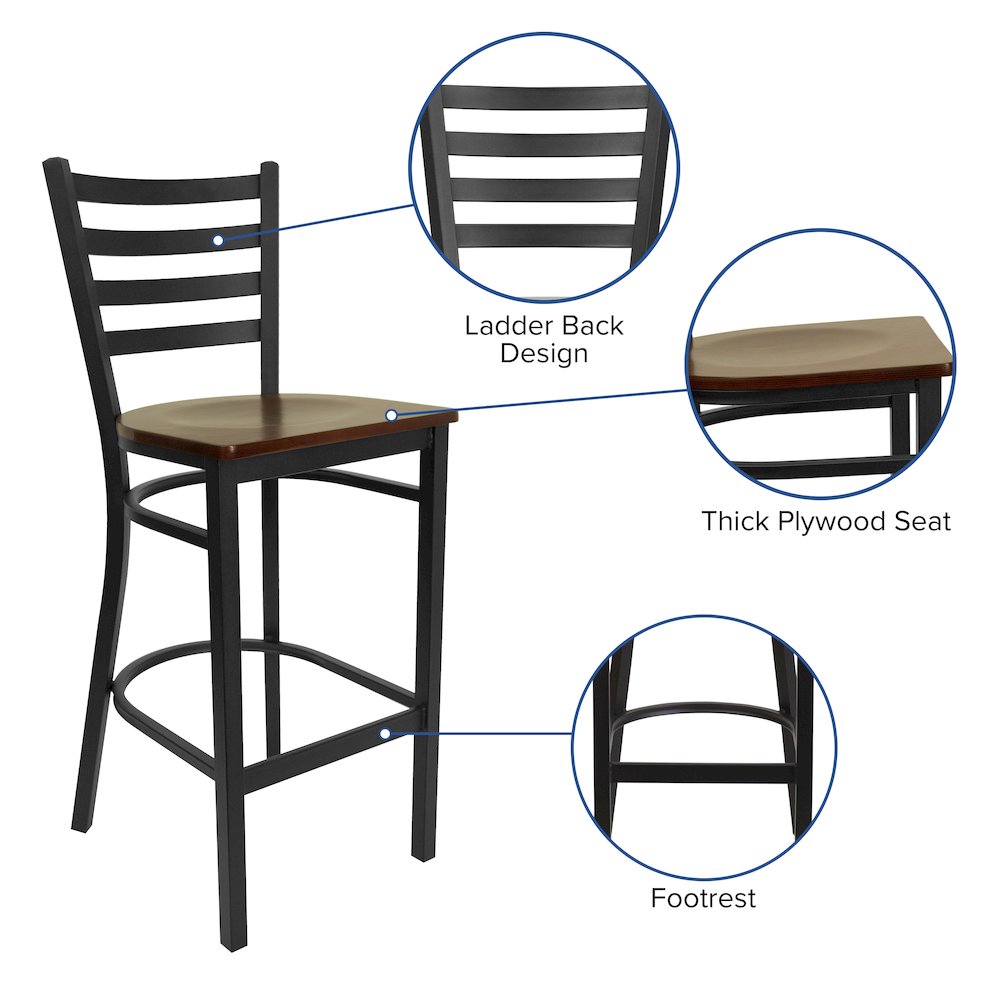 Black Ladder Back Metal Restaurant Barstool – Mahogany Wood Seat