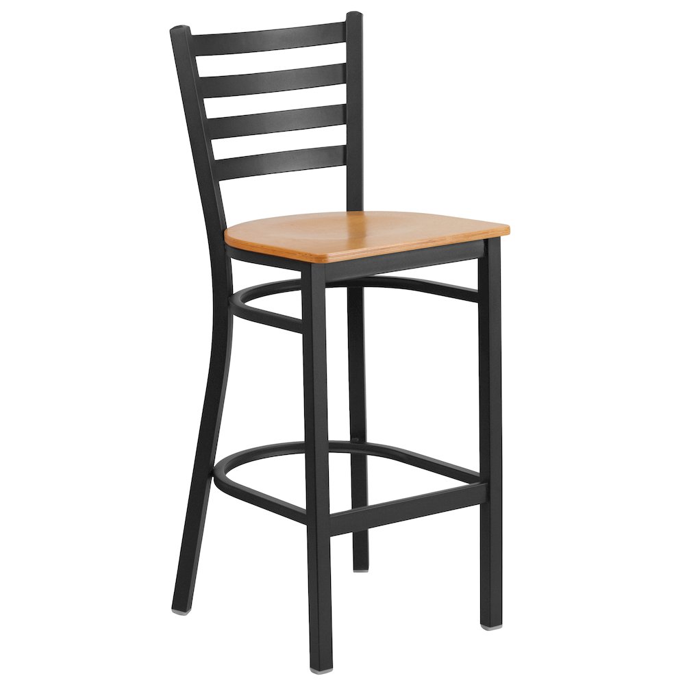 Black Ladder Back Metal Restaurant Barstool – Natural Wood Seat
