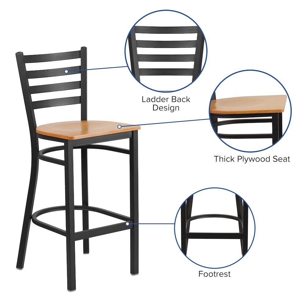 Black Ladder Back Metal Restaurant Barstool – Natural Wood Seat